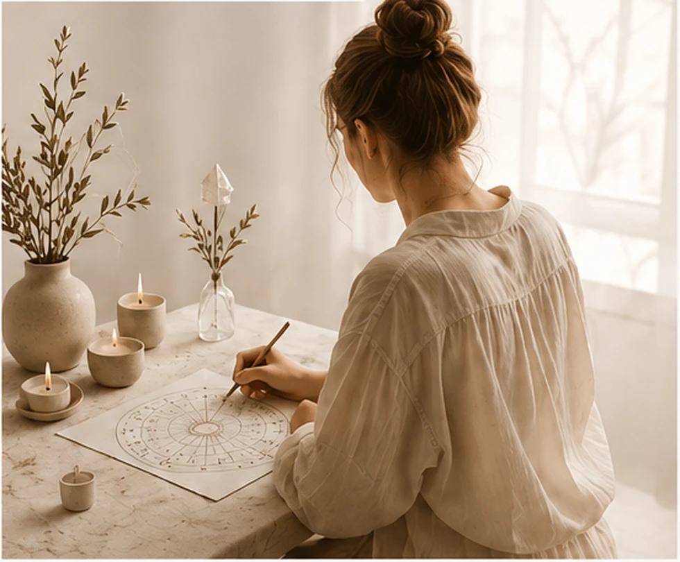 Woman journaling over an astrology chart in a bright neutral room