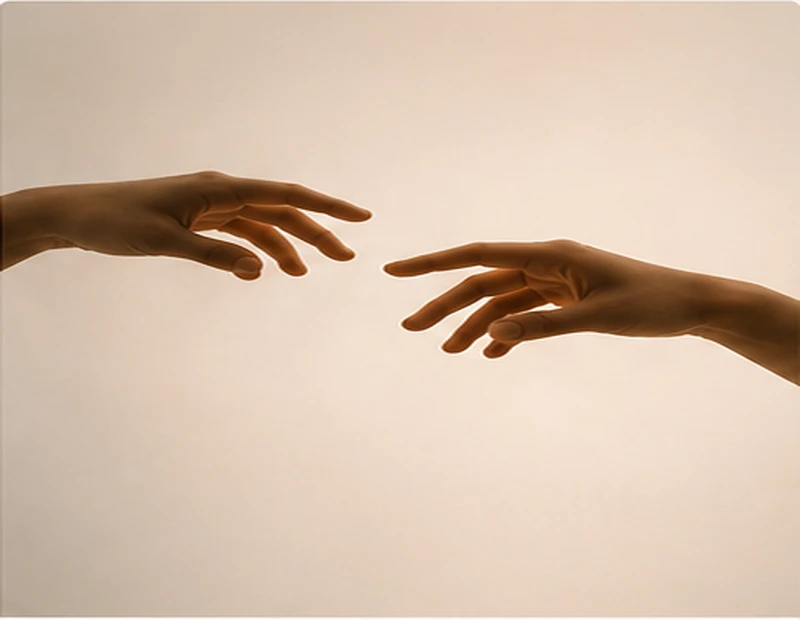 Two hands reaching toward each other in warm light