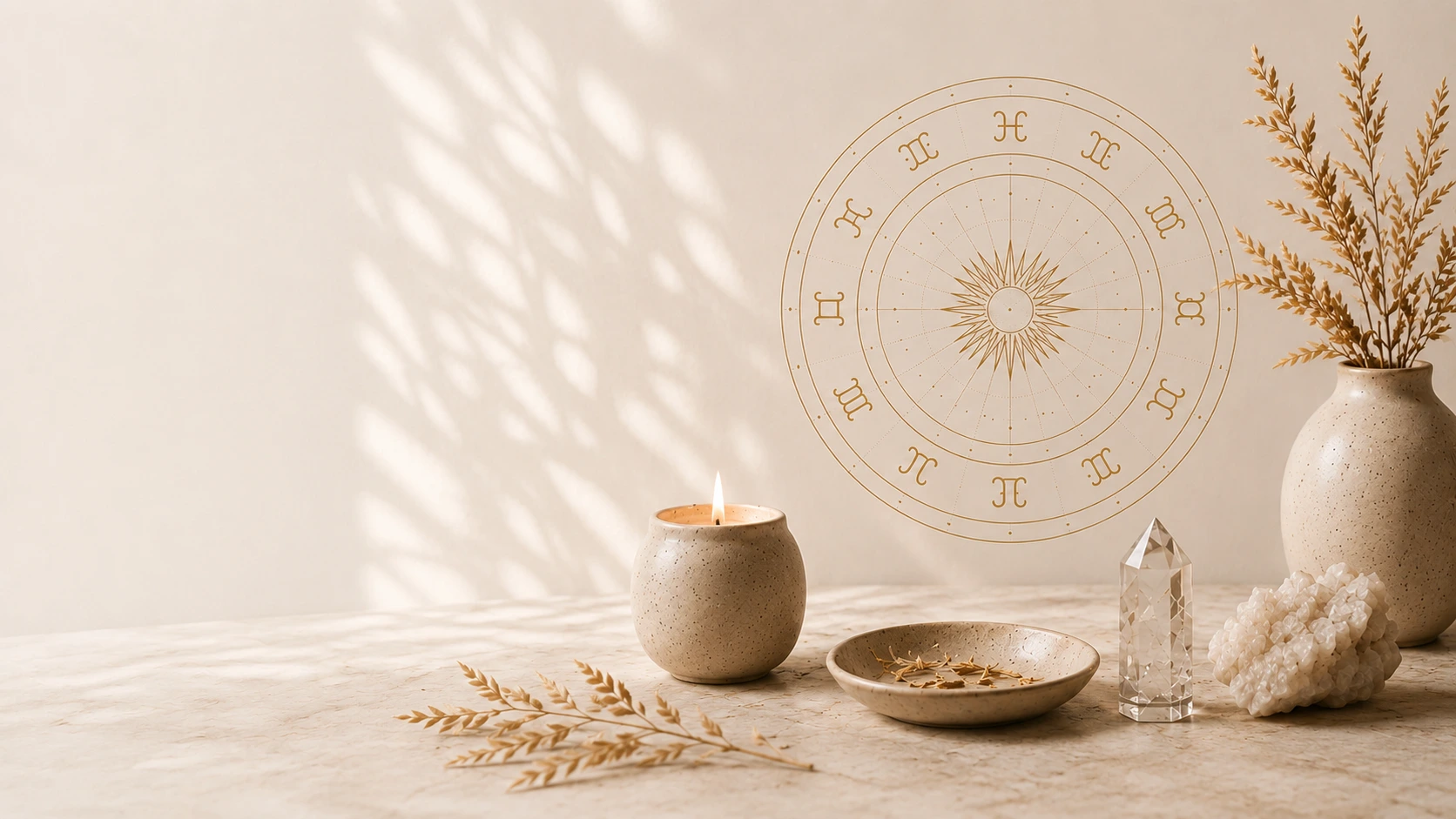 Warm astrology still life with candle, crystal, vase and zodiac wheel