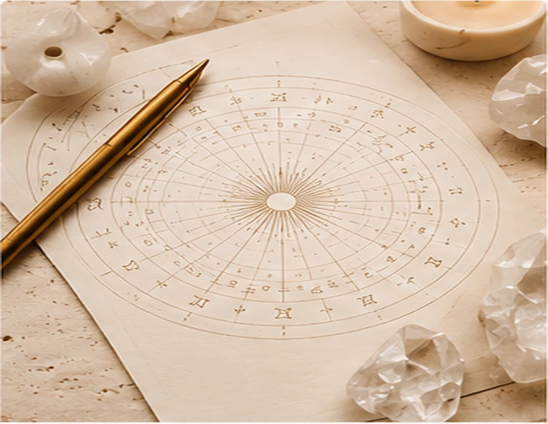 Natal chart paper with pen and crystals